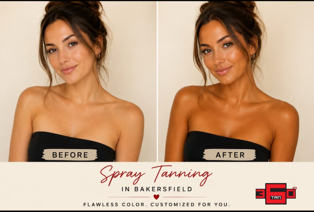Woman before and after she received a spray tan session at 360 Tan