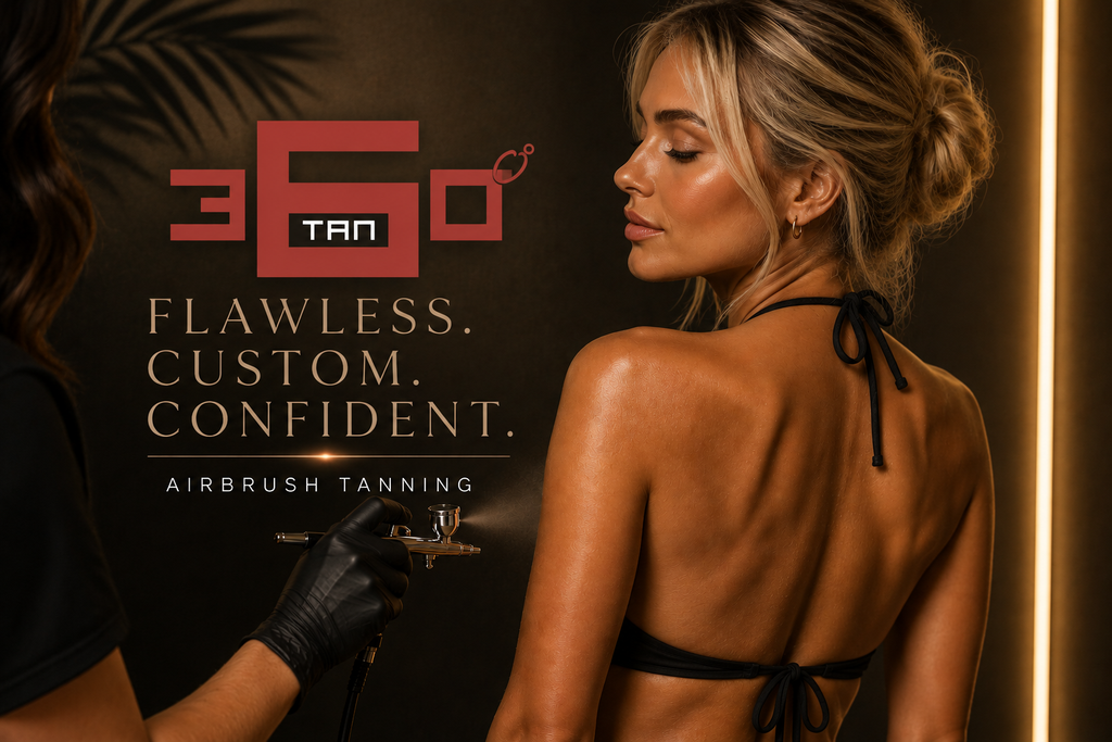 Blonde woman getting custom airbrush in 360 Tan Bakersfield